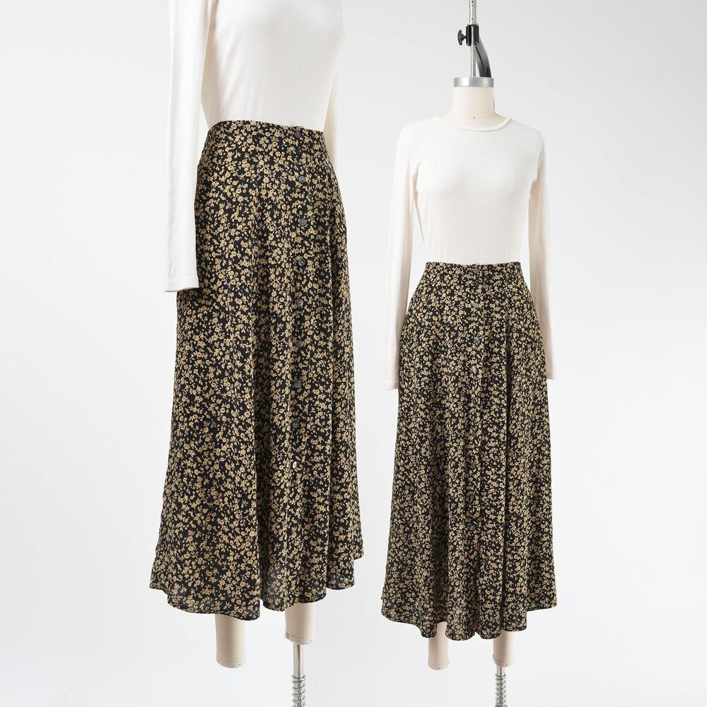 Vintage 90s Black Floral Maxi Skirt Full Flowy Button Front Boho Grunge S M